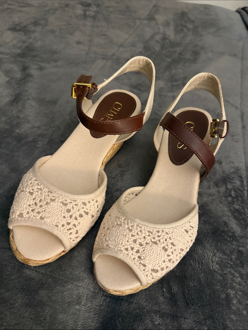 Chaps Cream Crochet Espadrille Wedges with Brown Ankle Strap